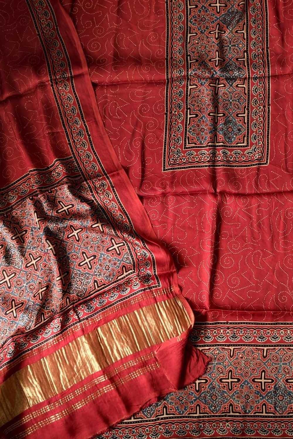 Red Ajrakh Block Printed Modal Silk Unstitched Suit Set
