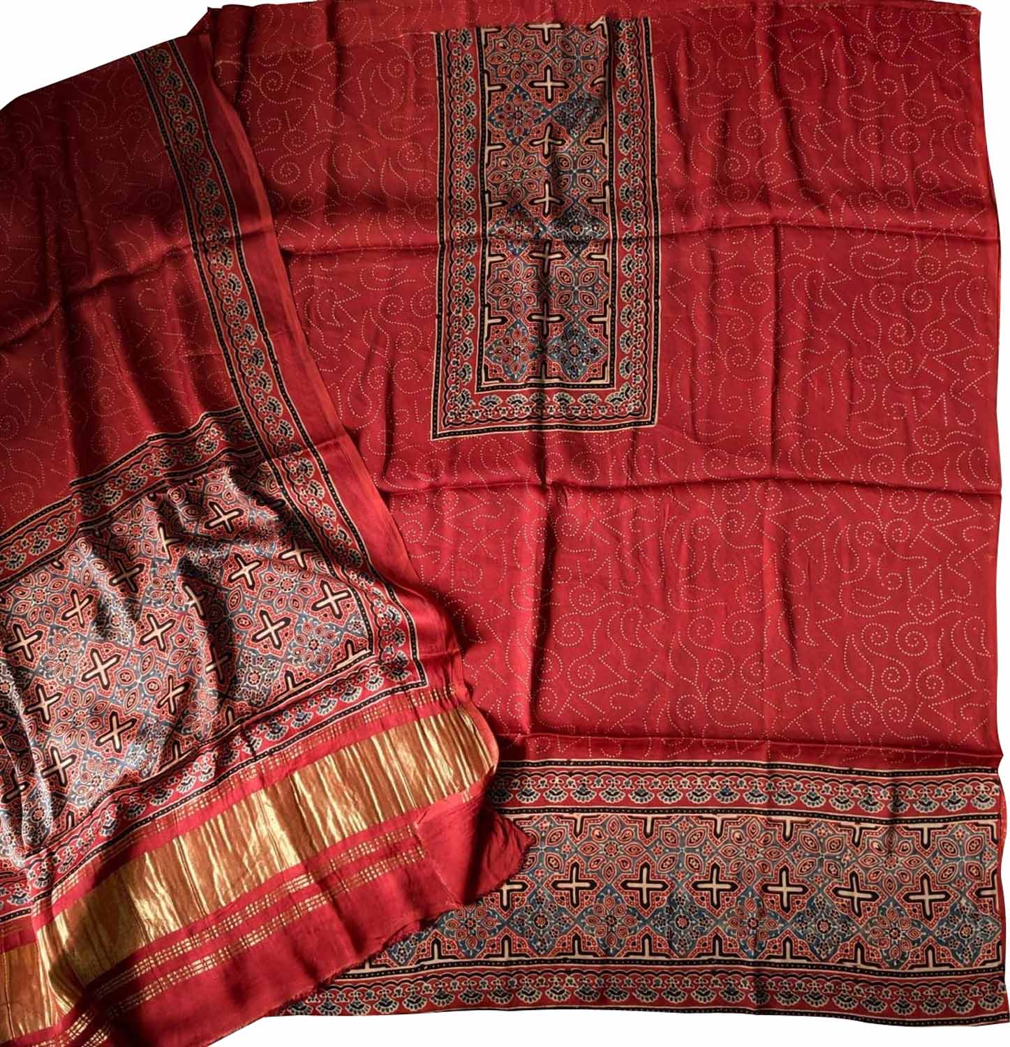 Red Ajrakh Block Printed Modal Silk Unstitched Suit Set
