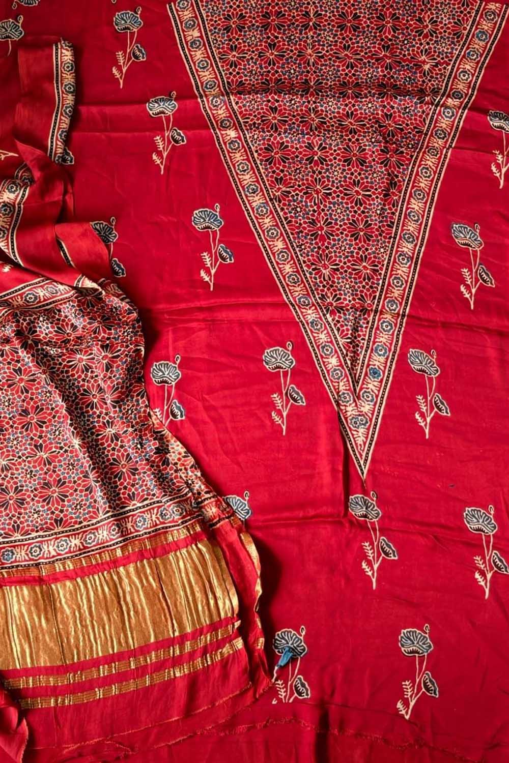 Red Ajrakh Block Printed Modal Silk Unstitched Suit Set
