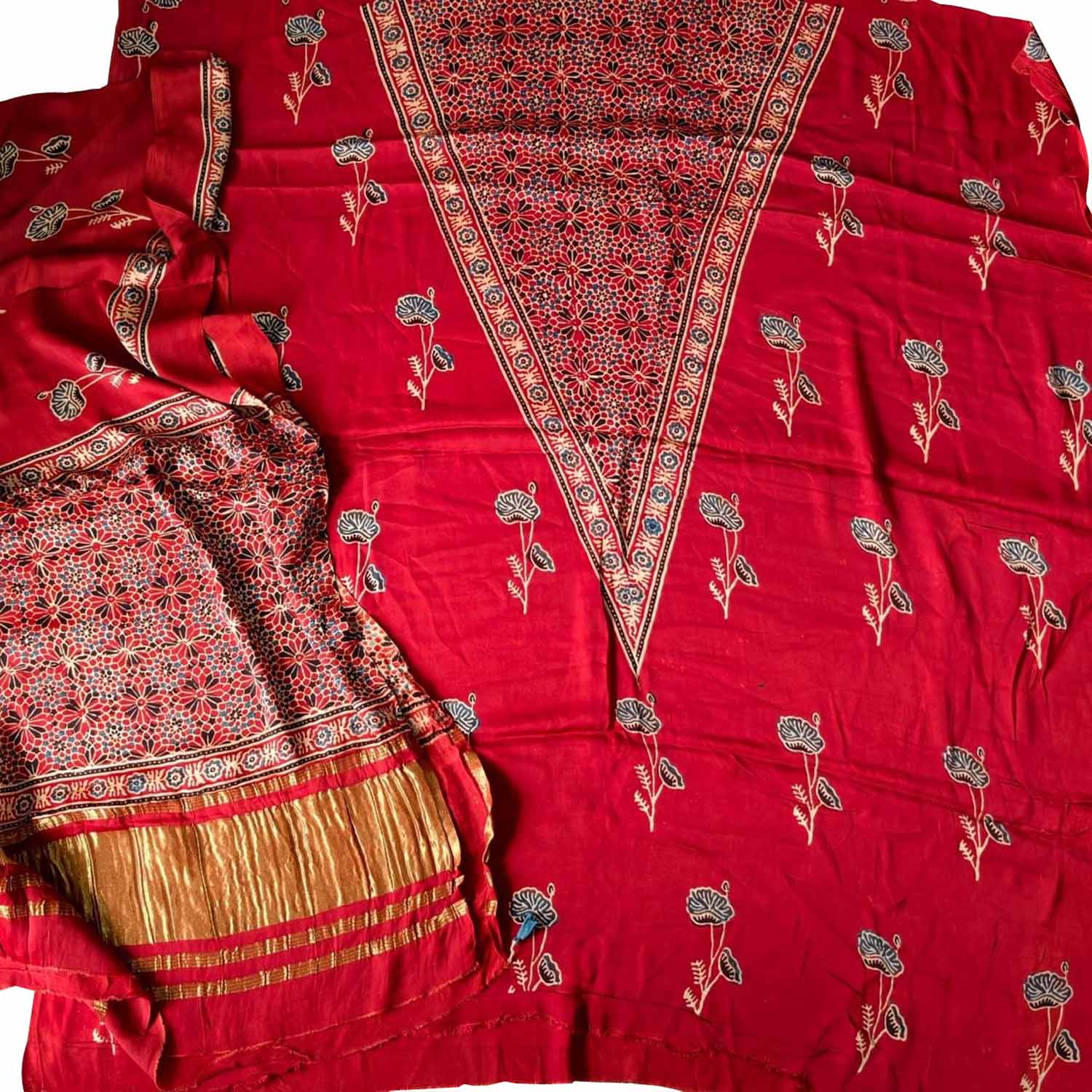 Red Ajrakh Block Printed Modal Silk Unstitched Suit Set