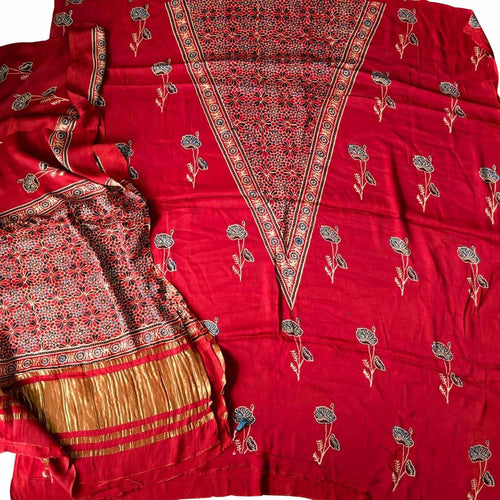 Red Ajrakh Block Printed Modal Silk Unstitched Suit Set