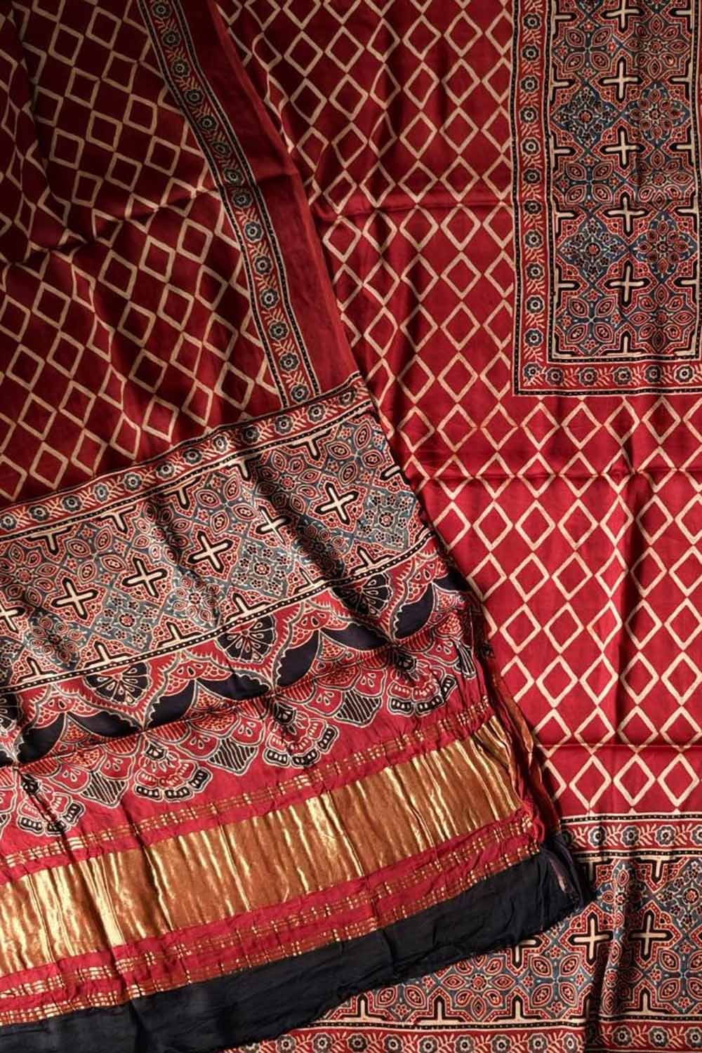 Red Ajrakh Block Printed Modal Silk Unstitched Suit Set