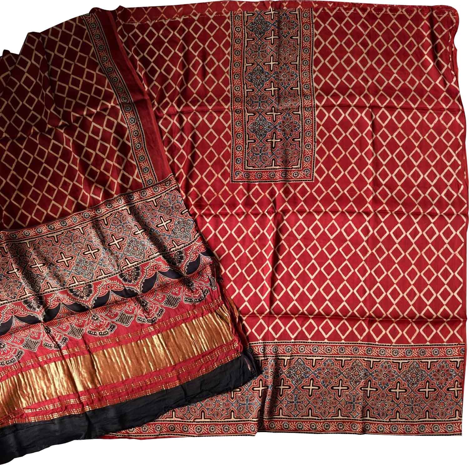 Red Ajrakh Block Printed Modal Silk Unstitched Suit Set
