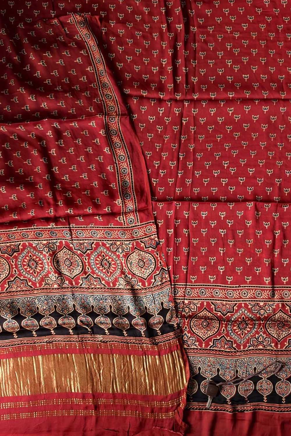 Red Ajrakh Block Printed Modal Silk Unstitched Suit Set