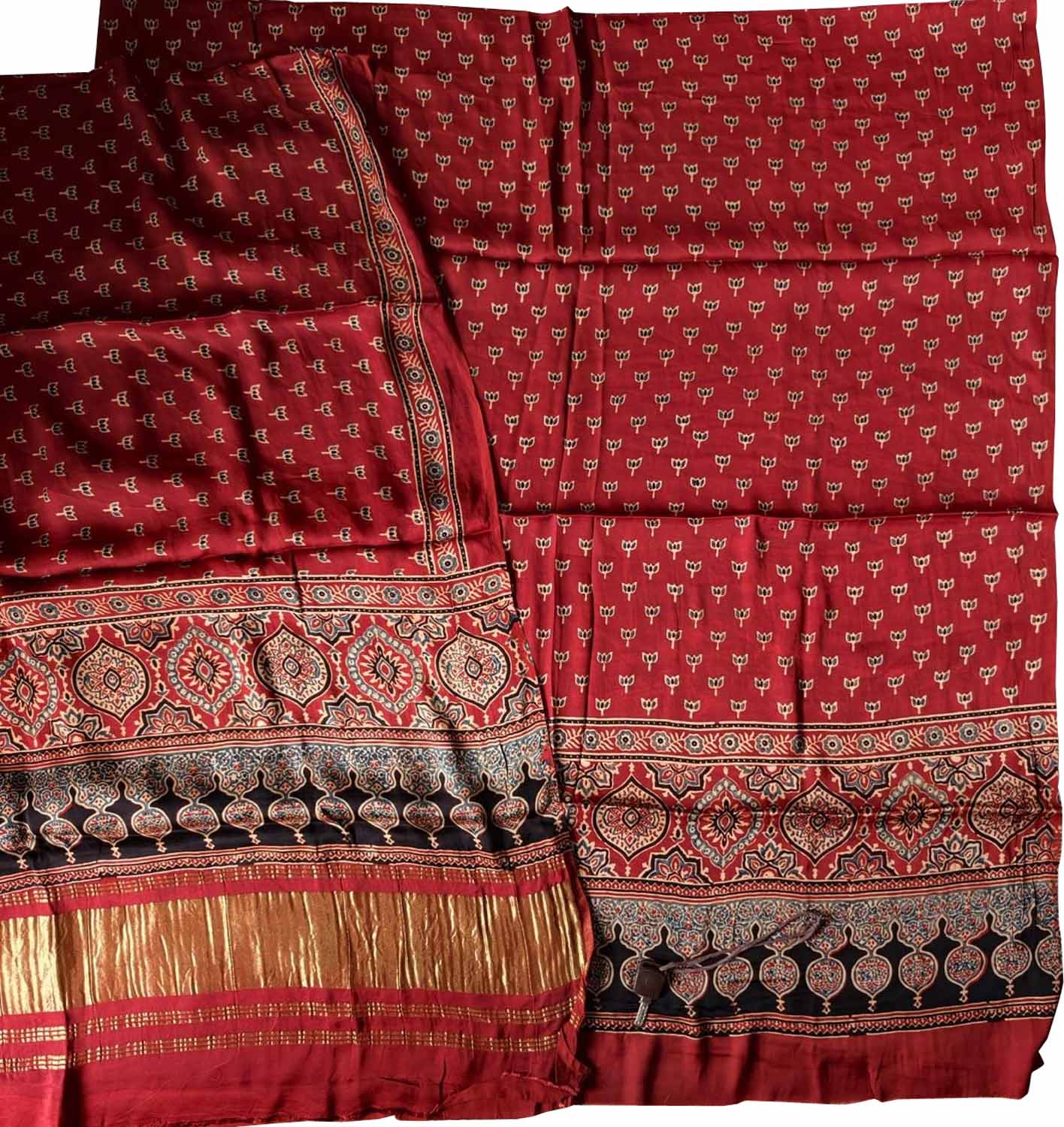 Red Ajrakh Block Printed Modal Silk Unstitched Suit Set