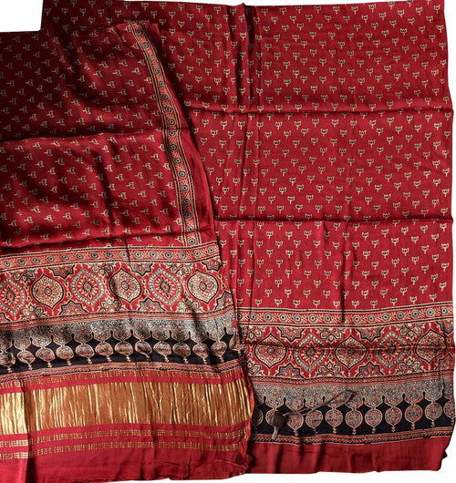 Red Ajrakh Block Printed Modal Silk Two Piece Unstitched Suit Set