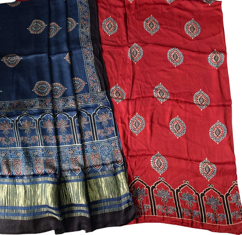 Red And Blue Modal Silk Ajrakh Block Print 3 Piece Suit Set