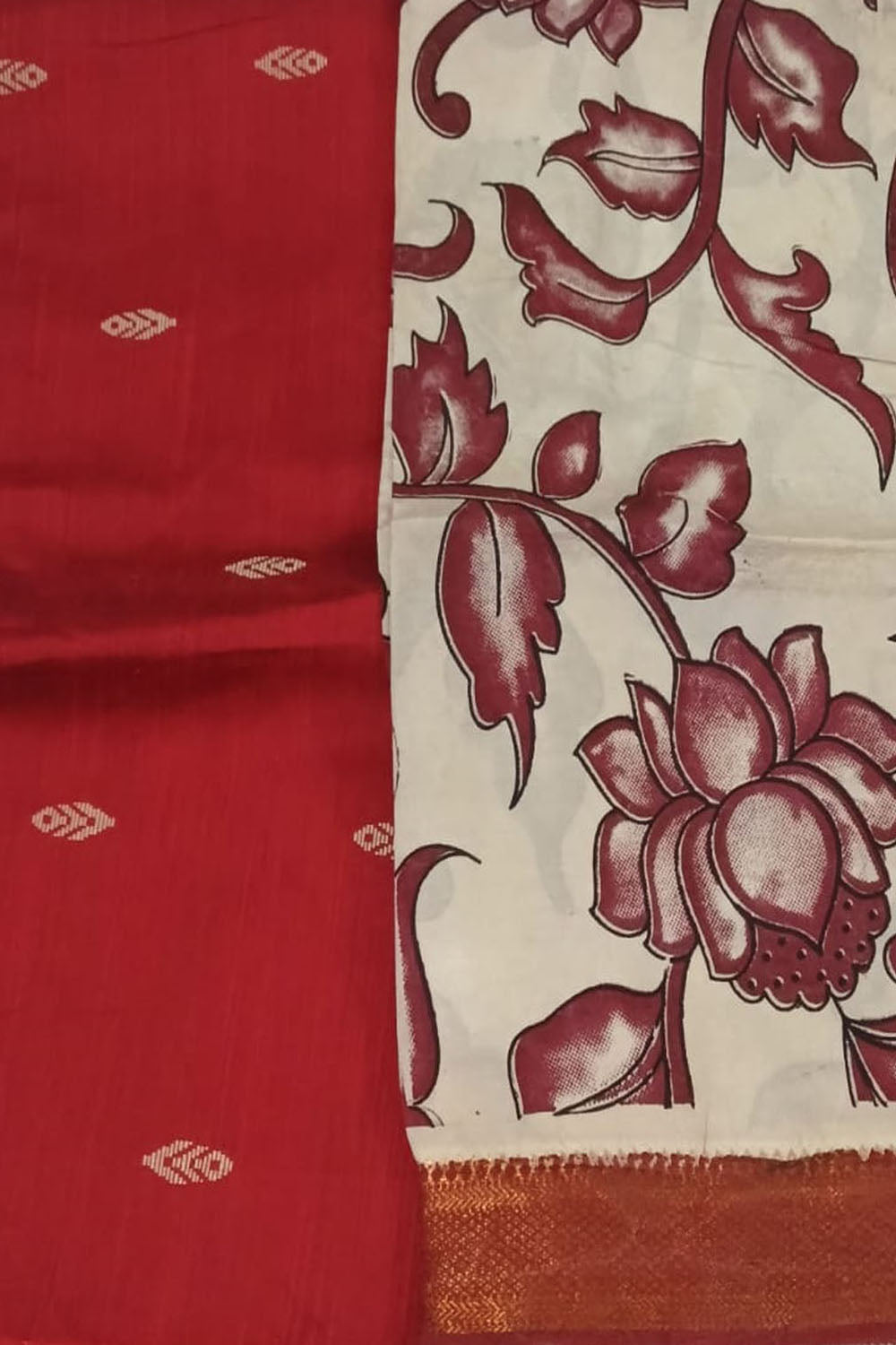 Red And Off White Kalamkari Hand Painted Raw Silk Suit With Chennur Silk Dupatta