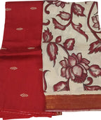 Red And Off White Kalamkari Hand Painted Raw Silk Suit With Chennur Silk Dupatta