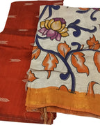Red And Off White Kalamkari Hand Painted Raw Silk Suit With Chennur Silk Dupatta