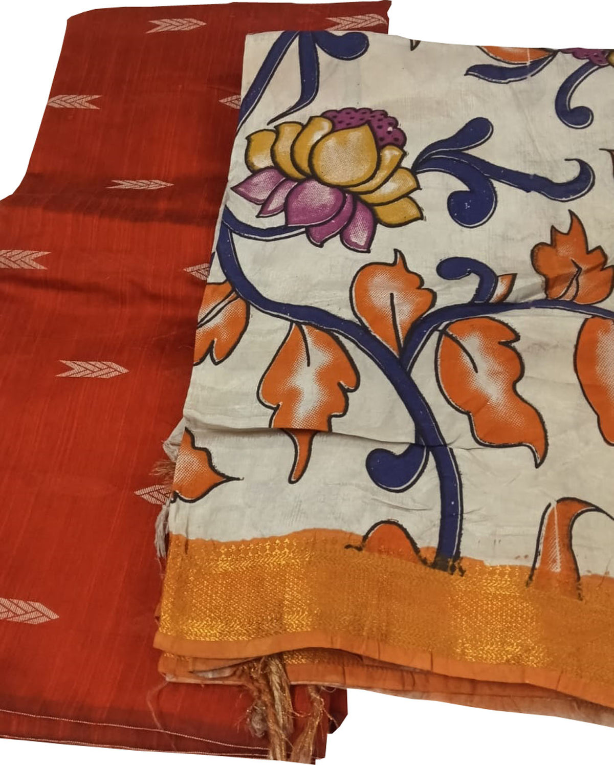 Red And Off White Kalamkari Hand Painted Raw Silk Suit With Chennur Silk Dupatta