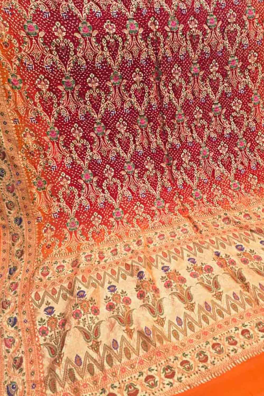 Red And Orange Banarasi Bandhani Pure Georgette Tilfi Zari Saree