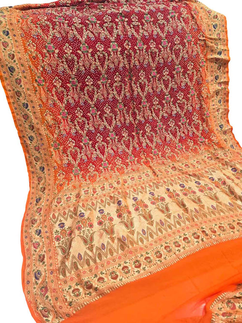 Red And Orange Banarasi Bandhani Pure Georgette Tilfi Zari Saree