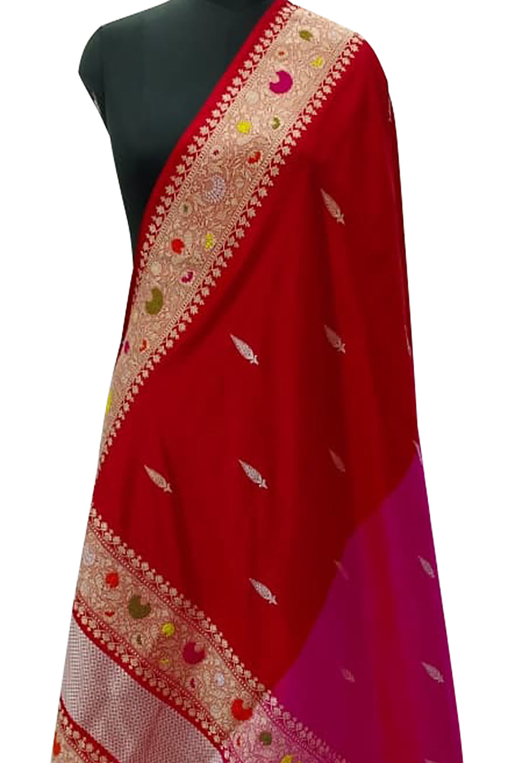 Red And Pink Banarasi Handloom Katan Silk Dupatta
