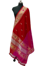 Red And Pink Banarasi Handloom Katan Silk Dupatta