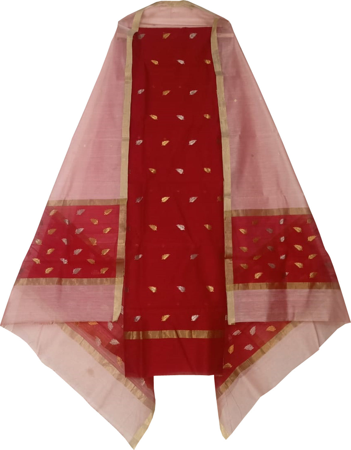 Red And Pink Chanderi Handloom Cotton Silk Two Piece Unstitched Suit Set