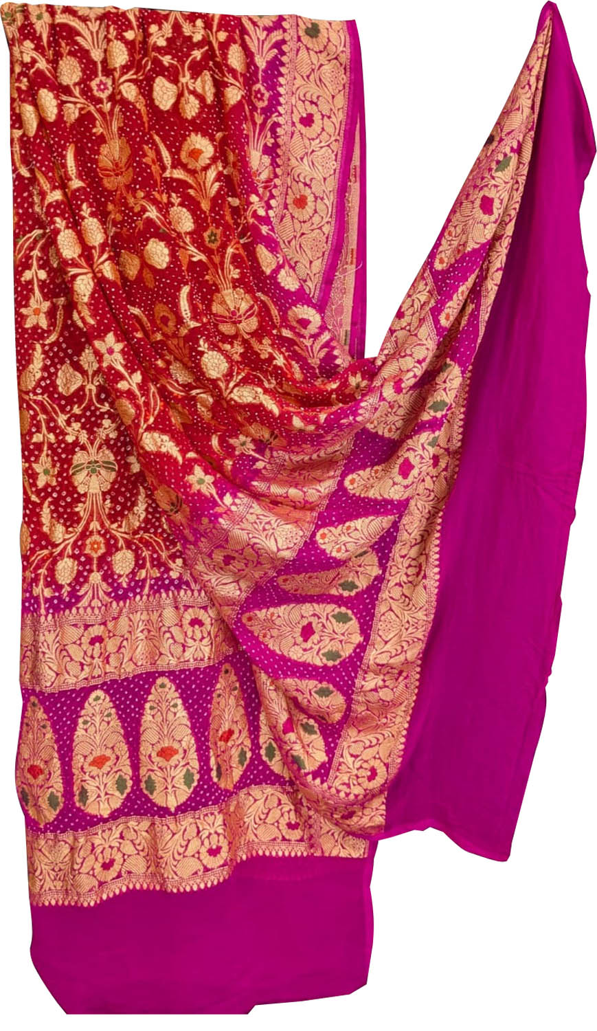 Red And Pink Pure Georgette Bandhani Neem Zari Dupatta