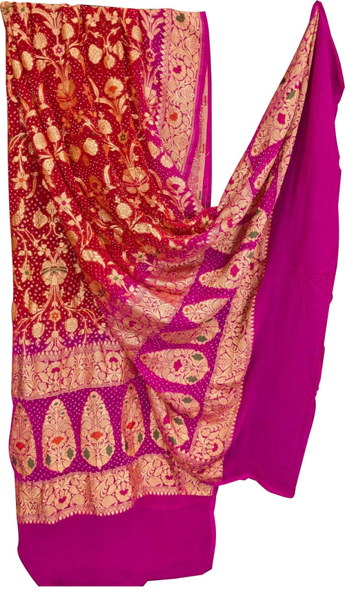 Red And Pink Pure Georgette Bandhani Neem Zari Dupatta