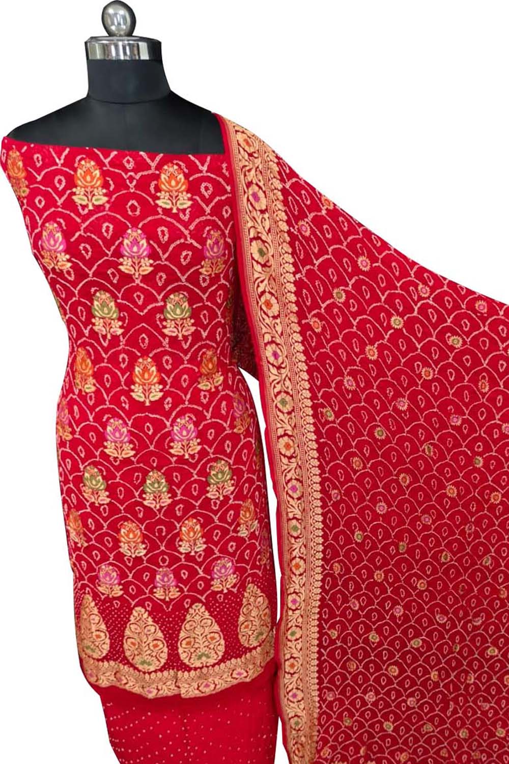 Red Banarasi Bandhani Georgette Meenakari Rai Bandhej Three Piece Suit Festive