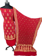 Red Banarasi Bandhani Georgette Meenakari Rai Bandhej Three Piece Suit Festive