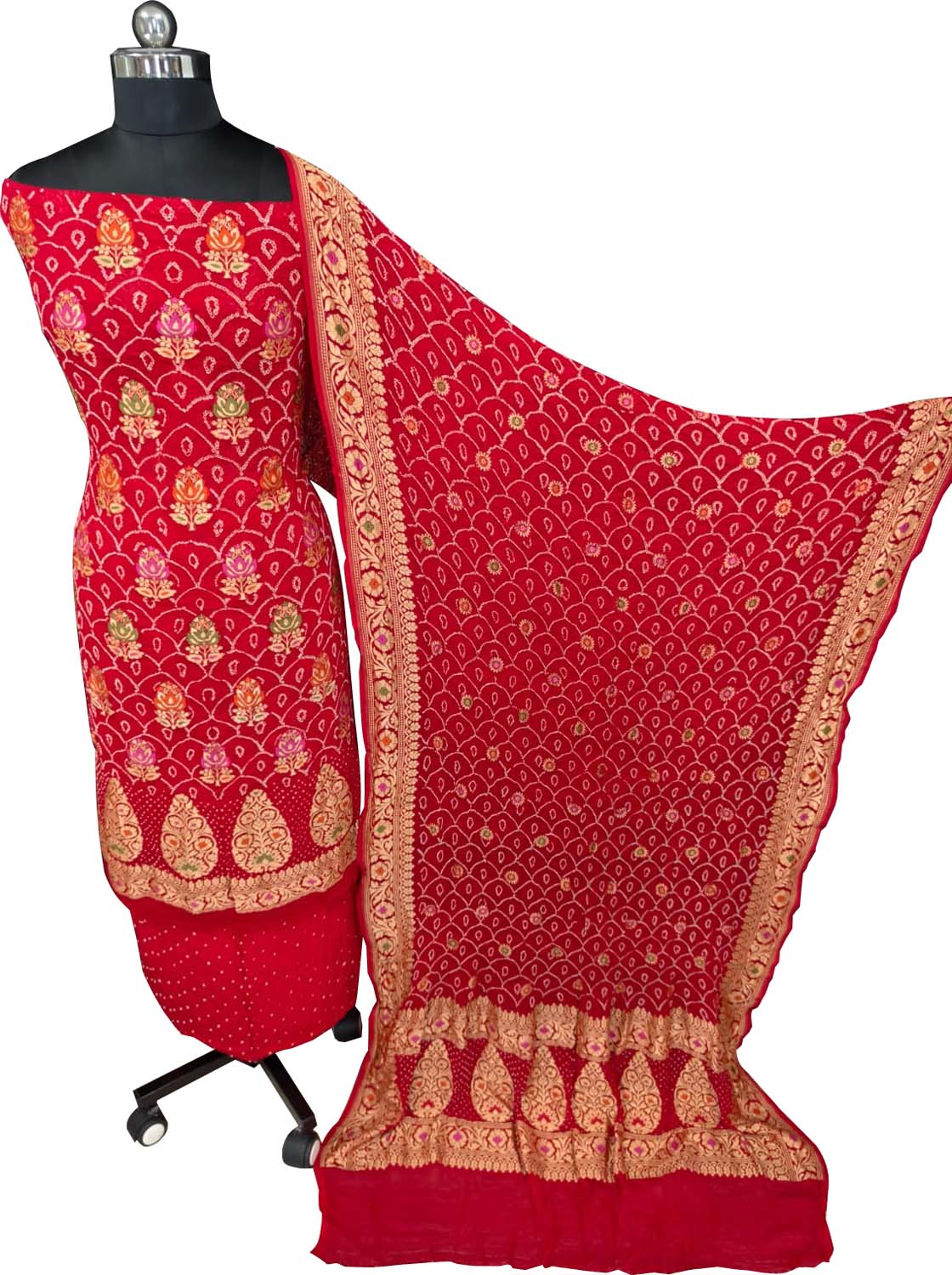 Red Banarasi Bandhani Georgette Meenakari Rai Bandhej Three Piece Suit Festive