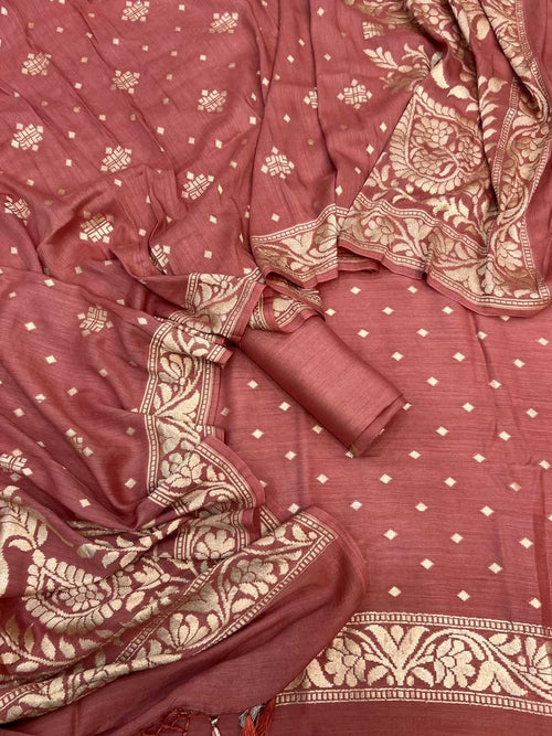 Red Banarasi Chiniya Silk Unstitched Suit Set