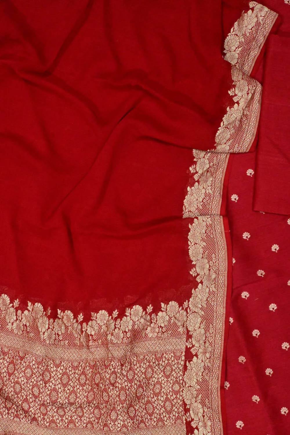 Red Banarasi Handloom Moonga Silk Unstitched Suit With Georgette Dupatta