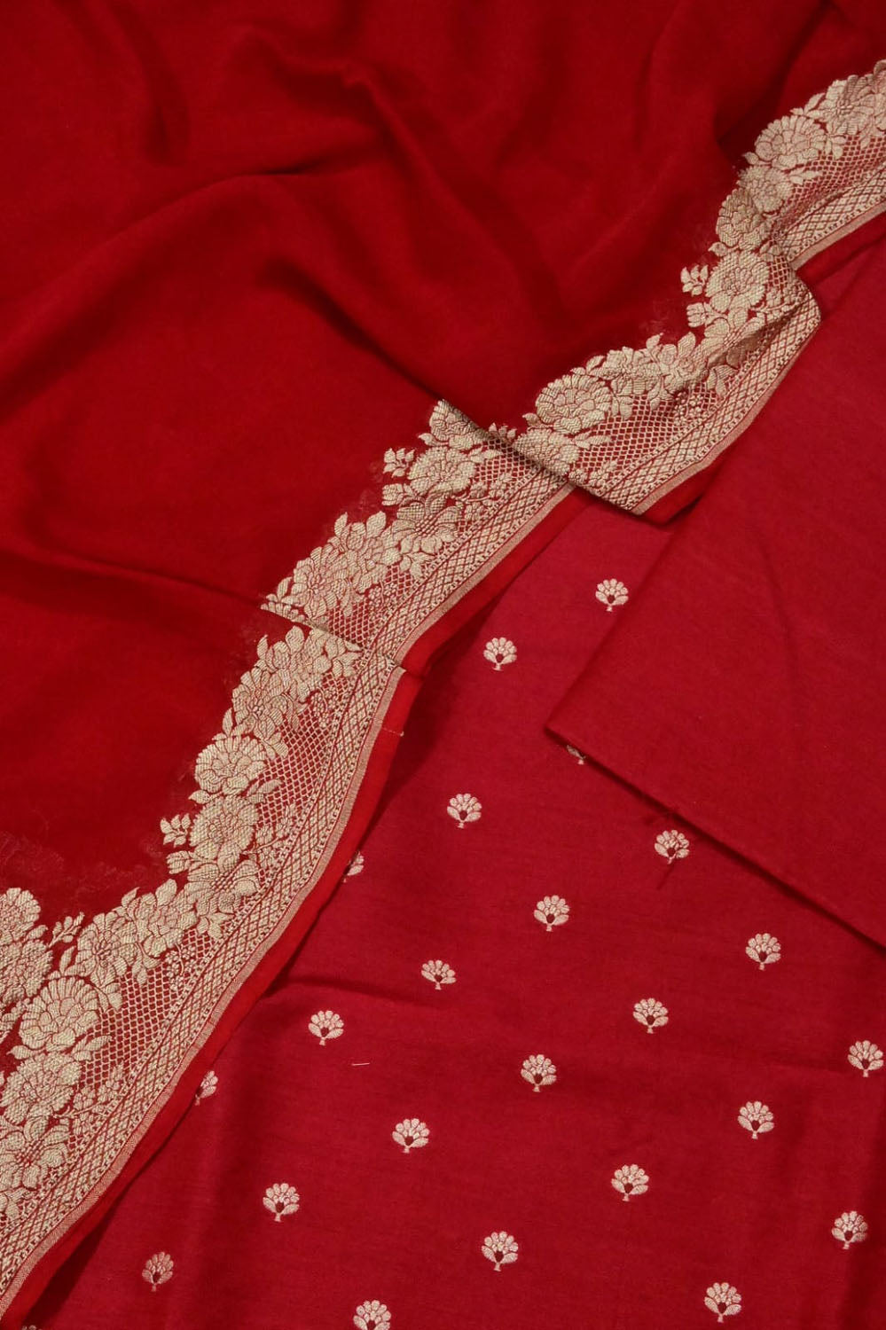 Red Banarasi Handloom Moonga Silk Unstitched Suit With Georgette Dupatta