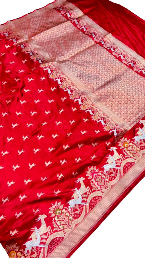 Red Banarasi Handloom Pure Katan Silk Saree Handloom Weave Festive