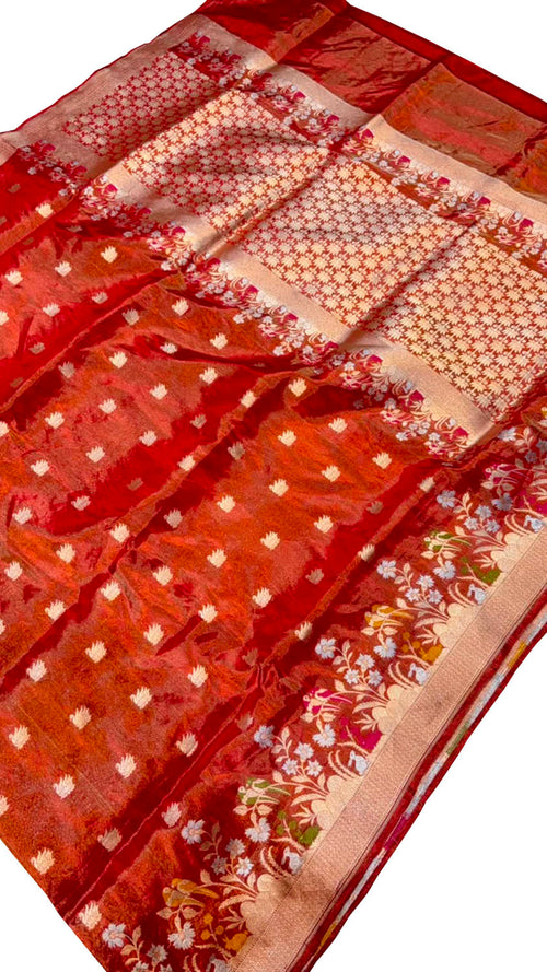Orange Banarasi Handloom Katan Silk Saree Weave Festive