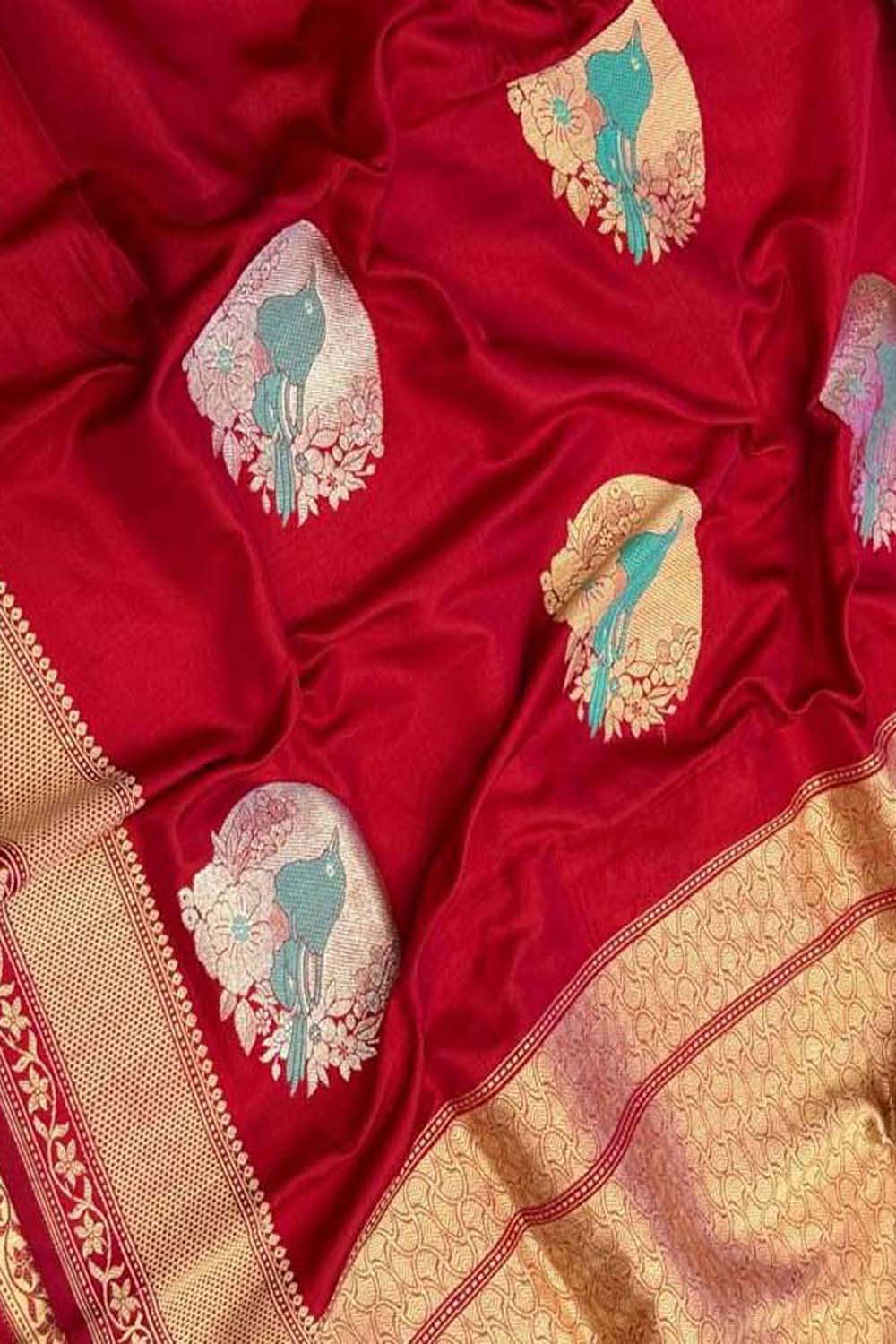 Red Banarasi Handloom Pure Katan Silk Bird Design Saree