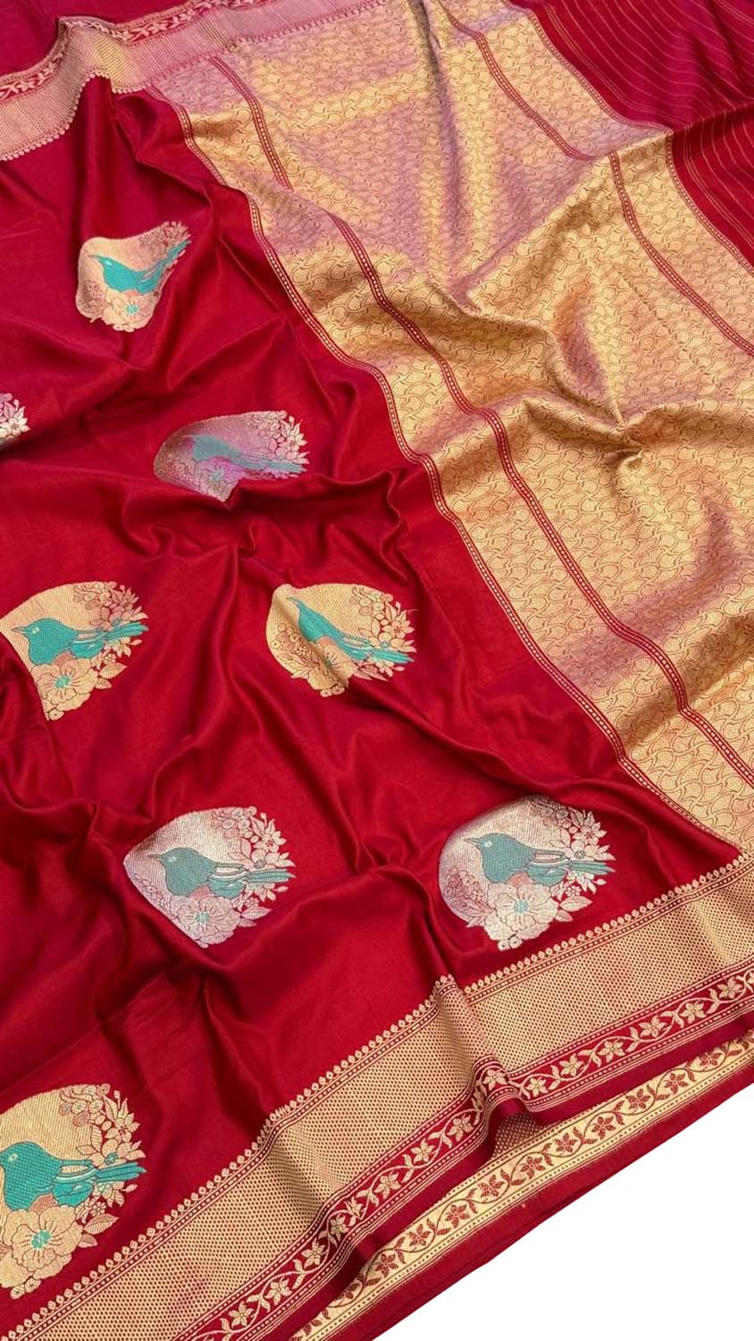 Red Banarasi Handloom Pure Katan Silk Bird Design Saree