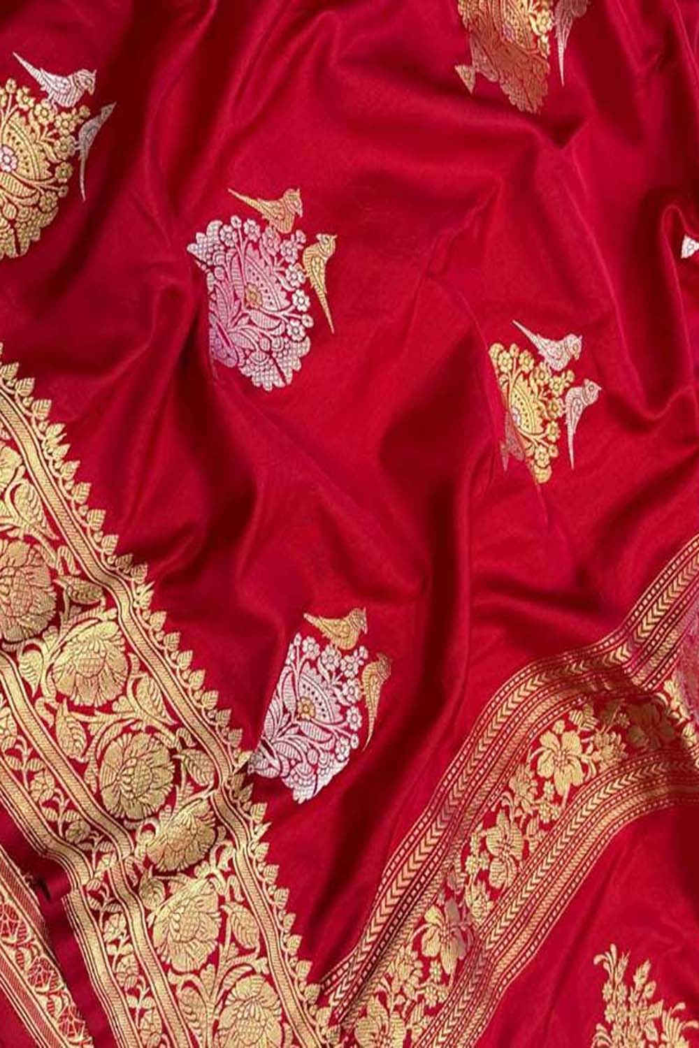 Red Banarasi Handloom Pure Katan Silk Bird Design Sona Roopa Saree
