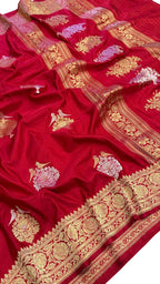 Red Banarasi Handloom Pure Katan Silk Bird Design Sona Roopa Saree