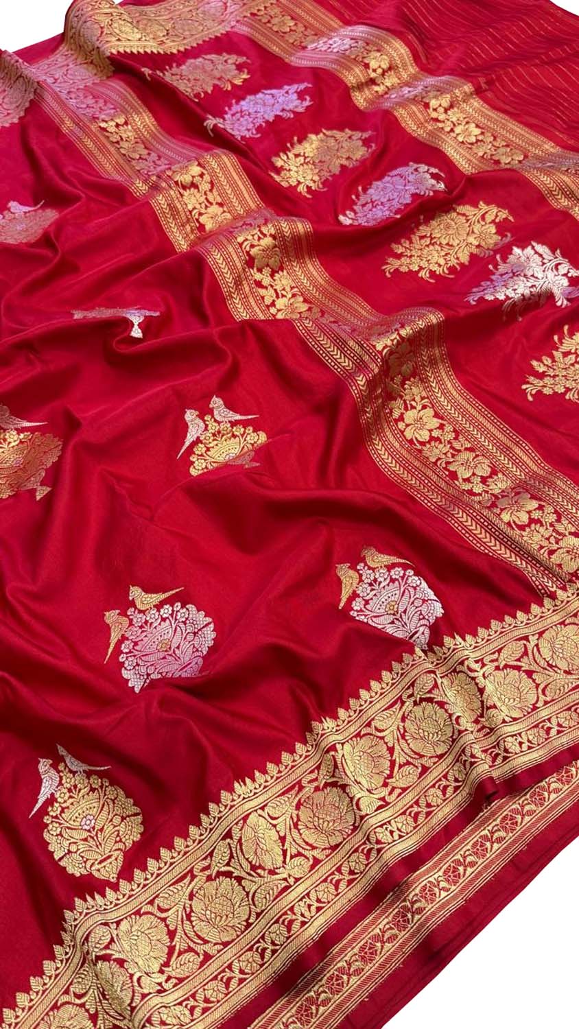 Red Banarasi Handloom Pure Katan Silk Bird Design Sona Roopa Saree