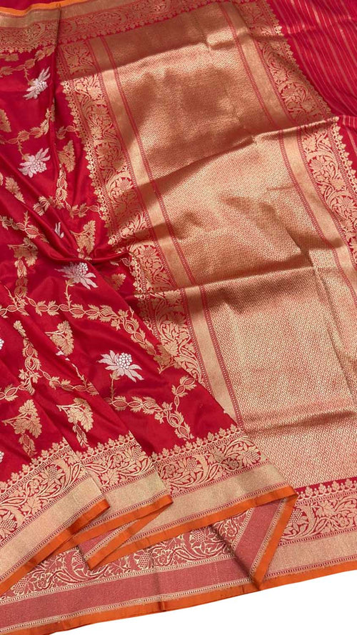 Red Banarasi Handloom Pure Katan Silk Bird Flower Design Saree PS1B1SV326101405