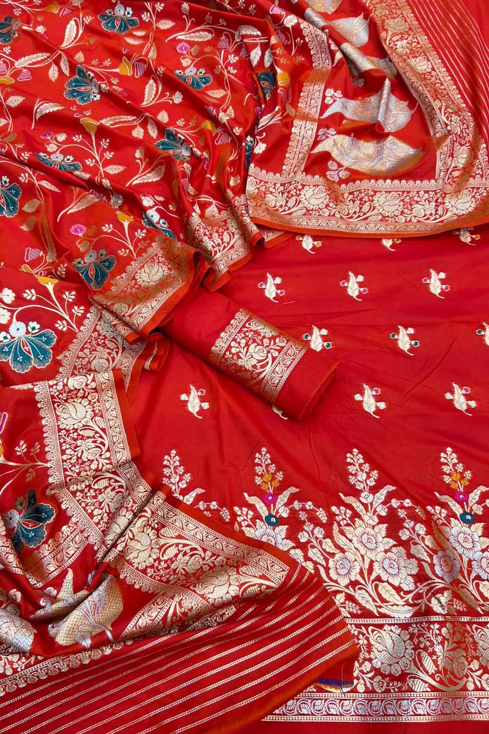Red Banarasi Meenakari Katan Silk Suit — Zari Meena Floral, Bridal