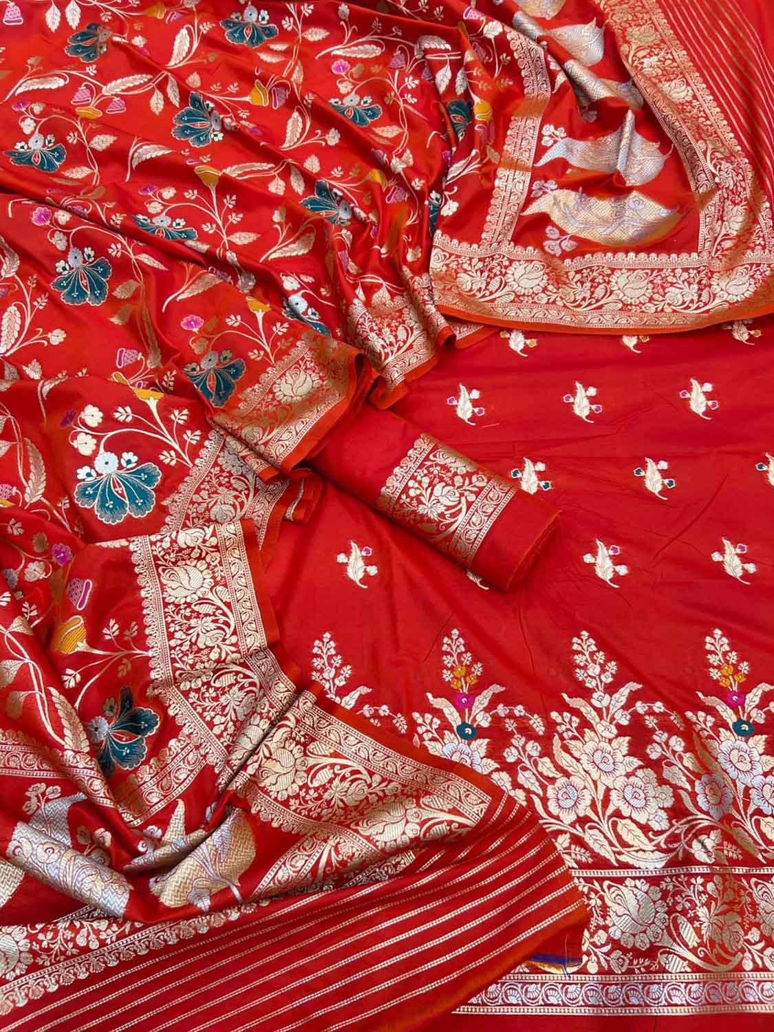 Red Banarasi Meenakari Katan Silk Suit — Zari Meena Floral, Bridal
