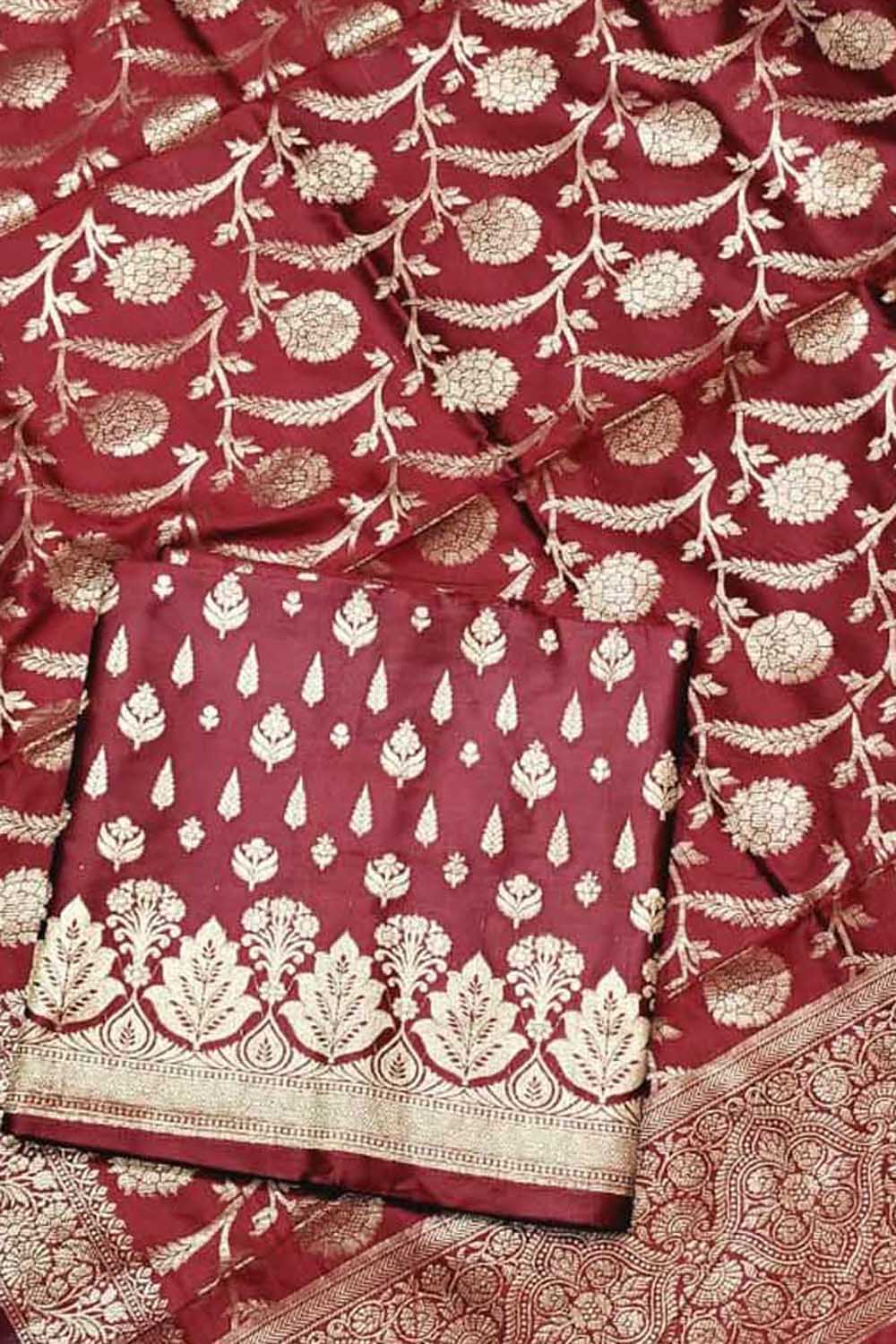 Red Banarasi Silk Three Piece Unstitched Suit Set