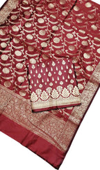 Red Banarasi Silk Three Piece Unstitched Suit Set