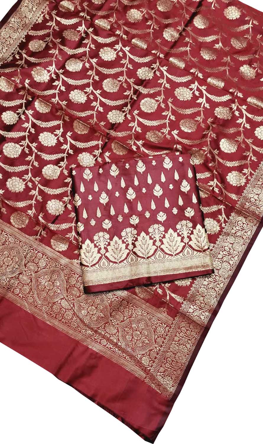 Red Banarasi Silk Three Piece Unstitched Suit Set