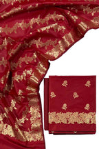Red Banarasi Silk Three Piece Unstitched Suit Set