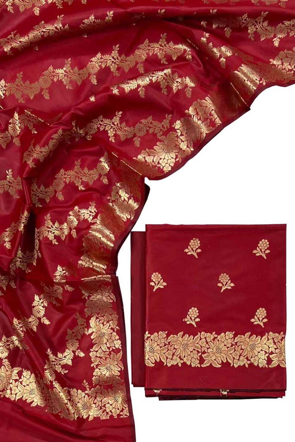 Red Banarasi Silk Three Piece Unstitched Suit Set