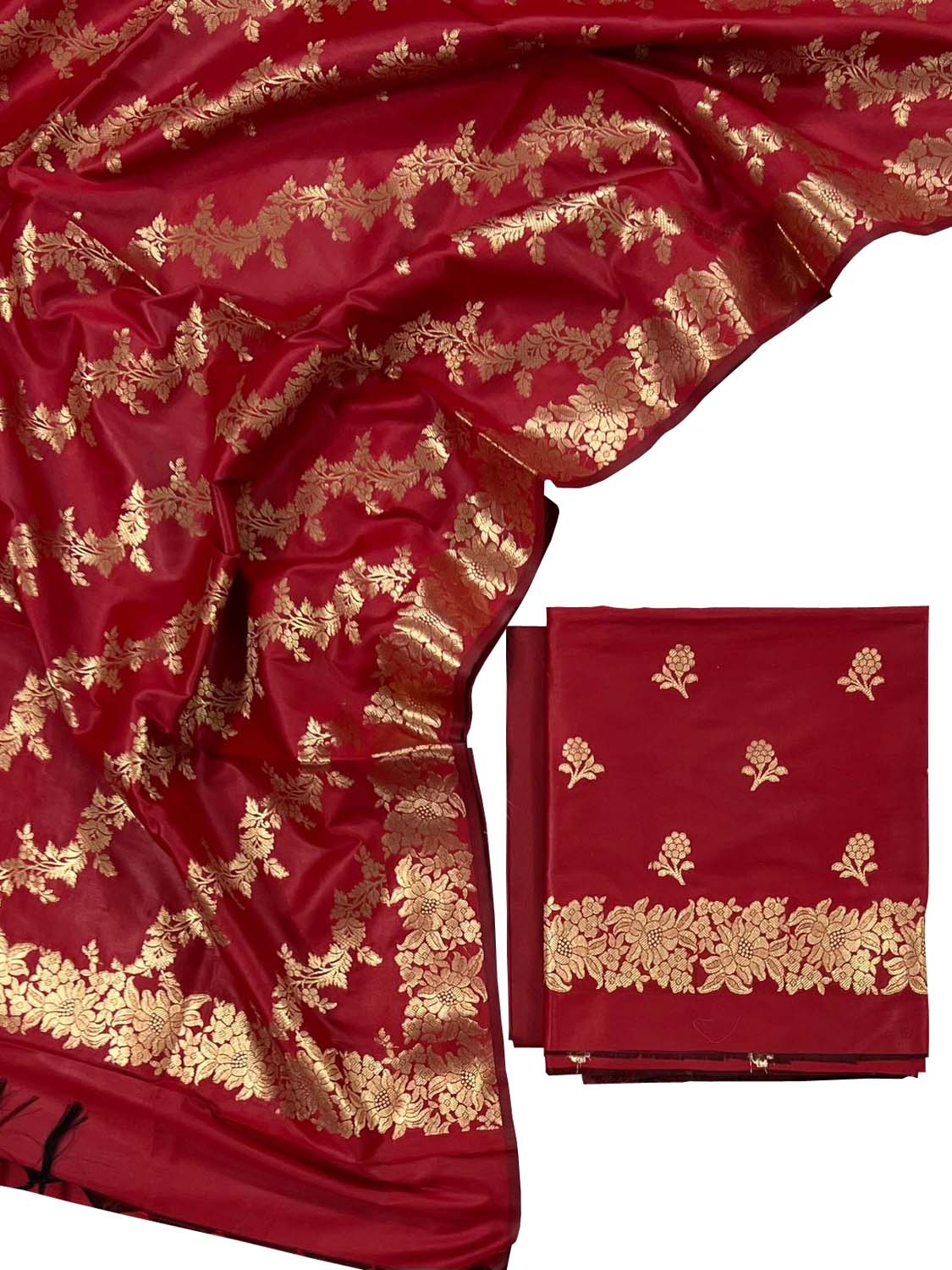 Red Banarasi Silk Three Piece Unstitched Suit Set