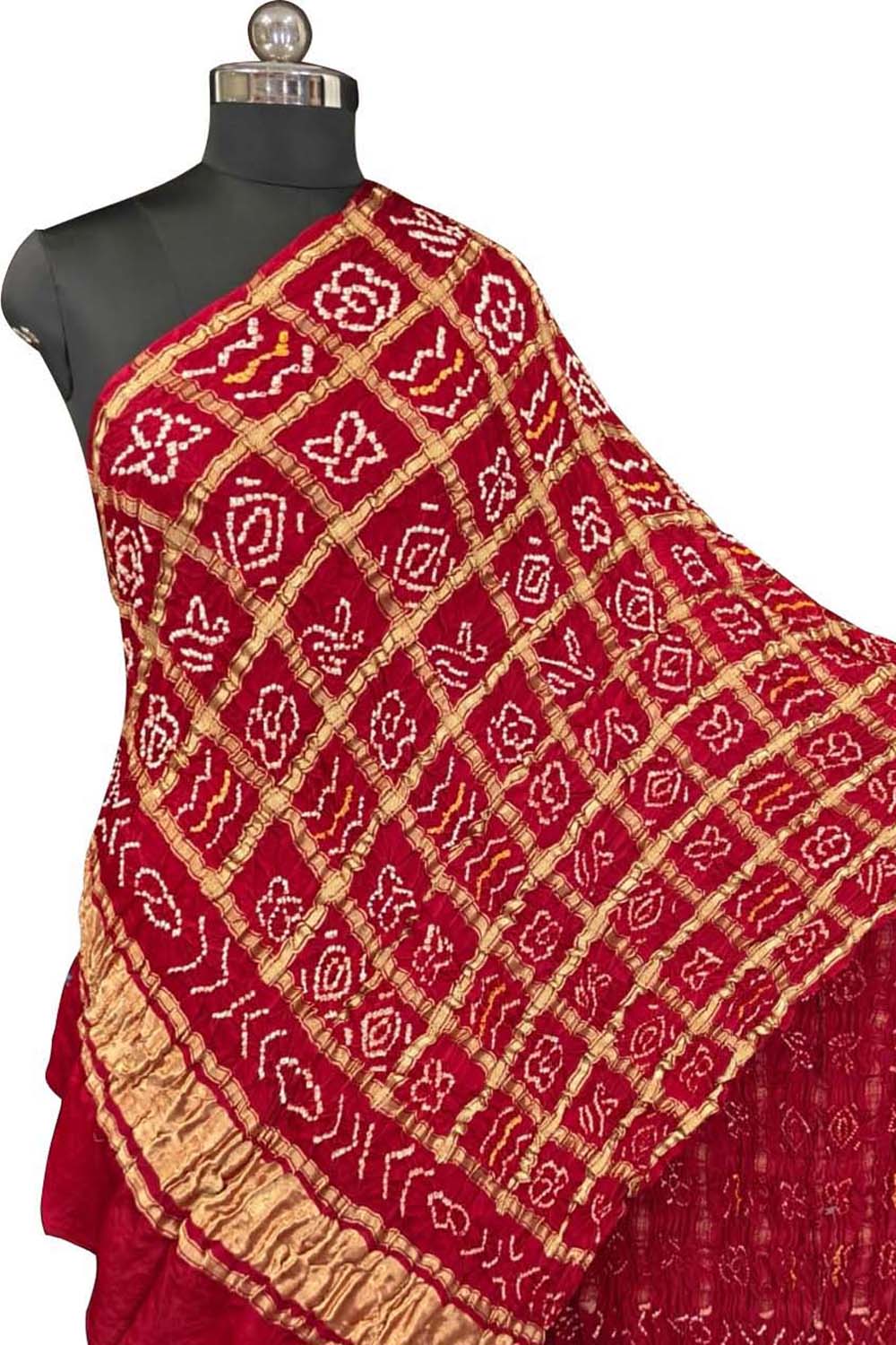 Red Bandhani Gajji Silk Checks Design Dupatta