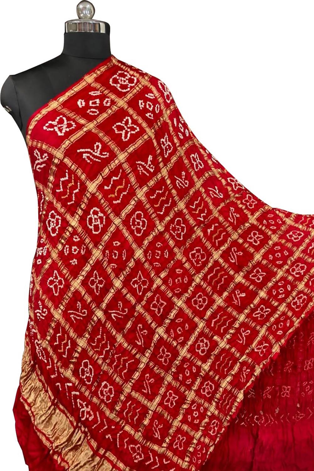 Red Bandhani Gajji Silk Checks Design Dupatta