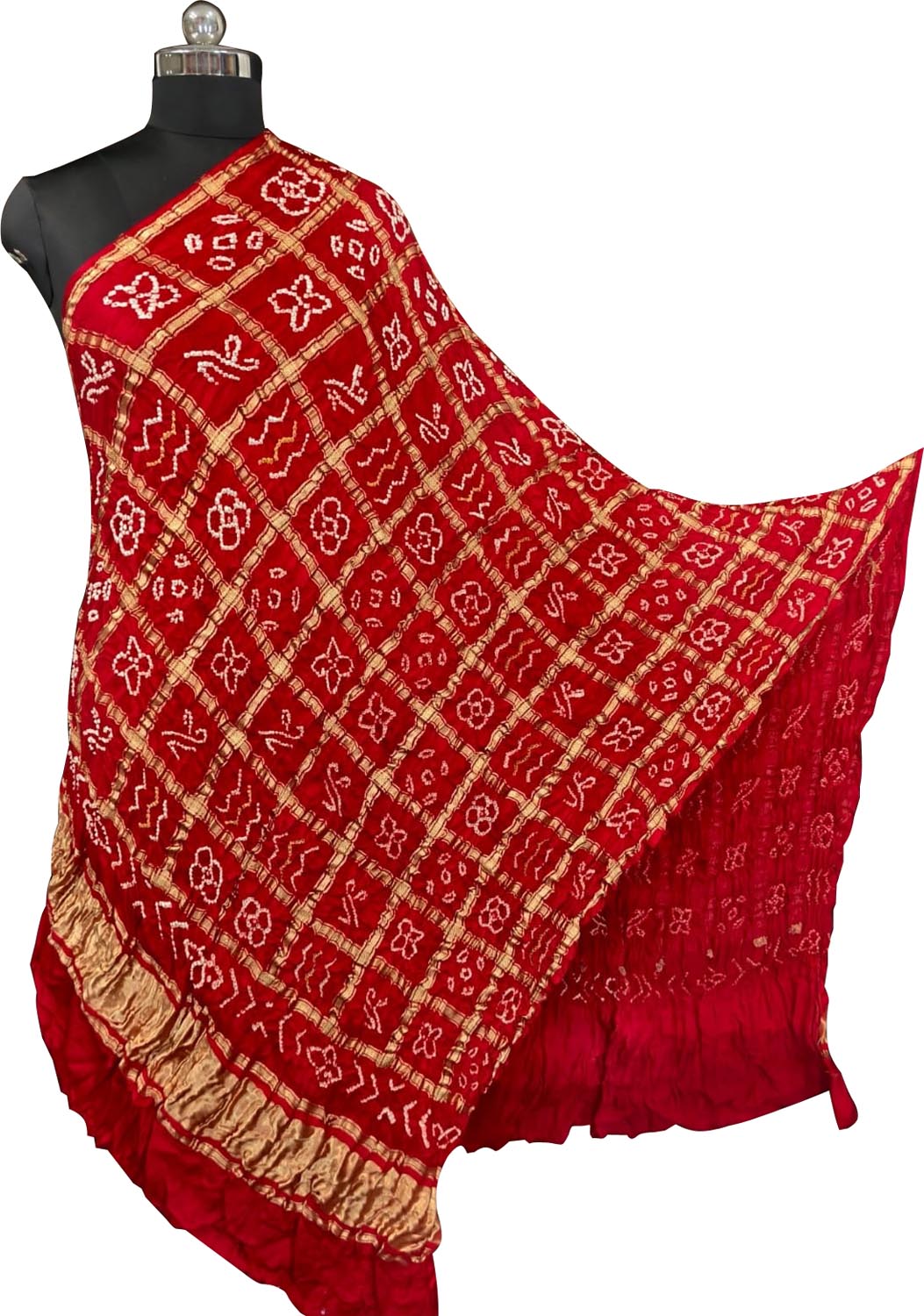 Red Bandhani Gajji Silk Checks Design Dupatta