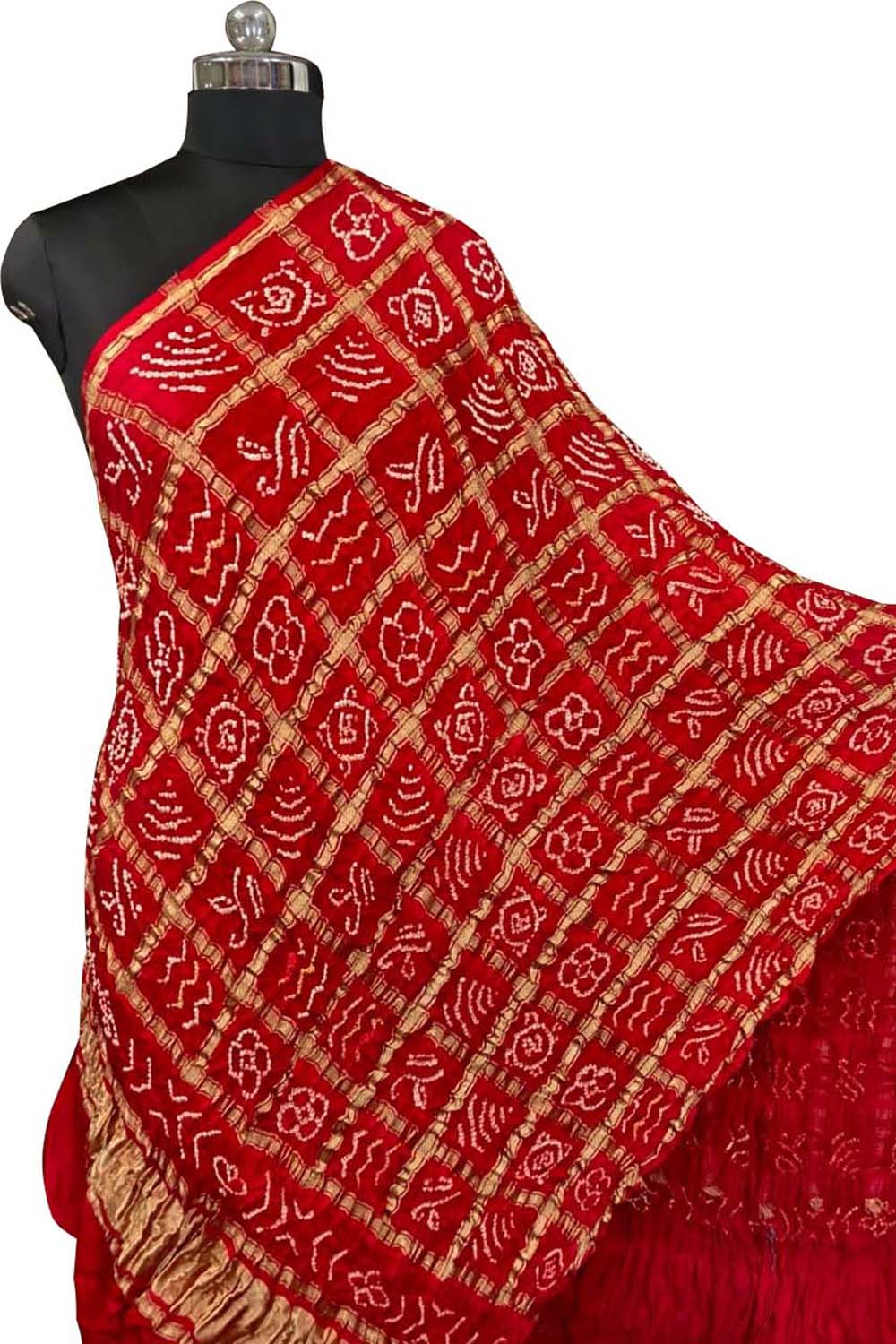 Red Bandhani Gajji Silk Checks Design Dupatta