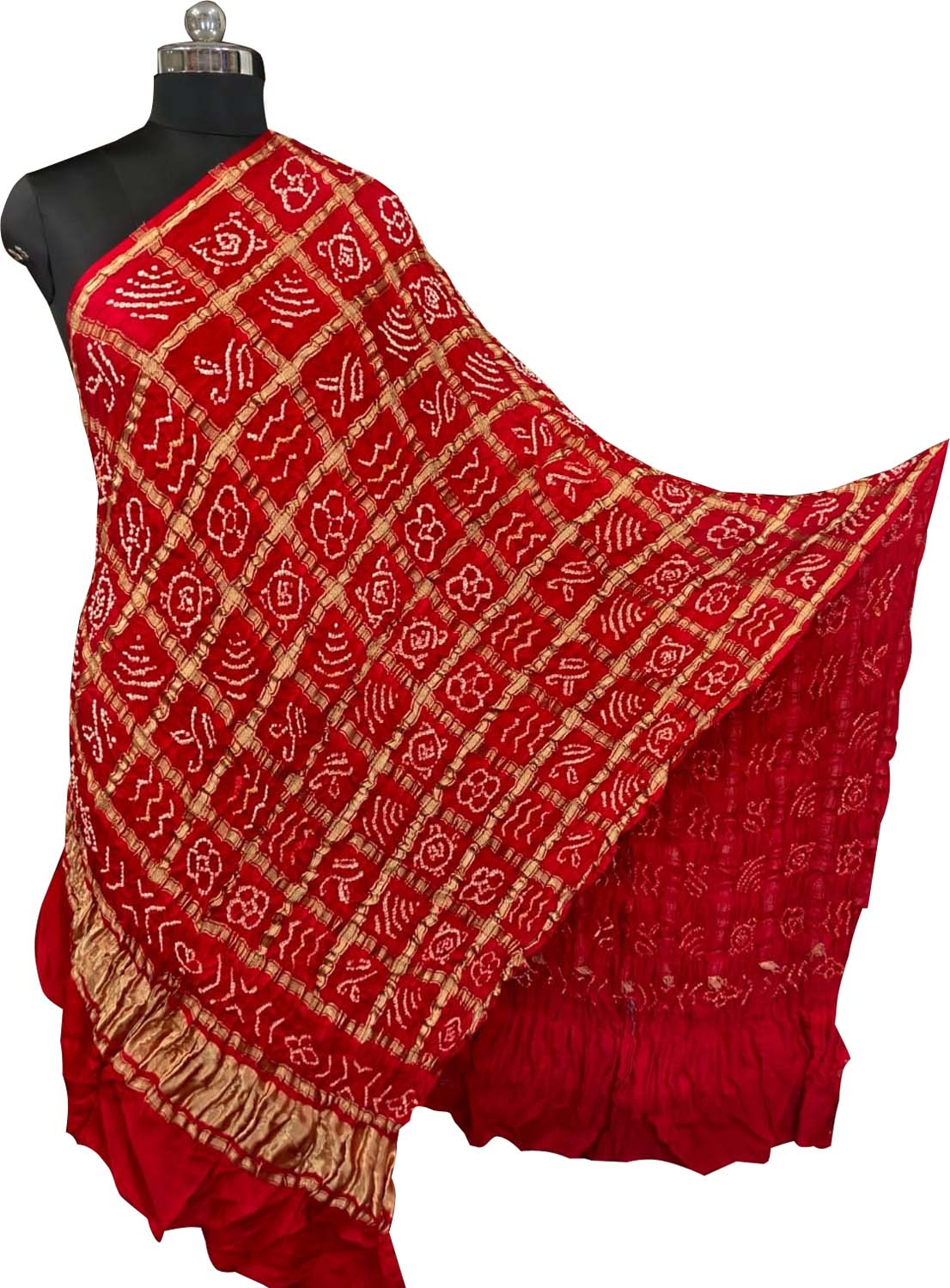 Red Bandhani Gajji Silk Checks Design Dupatta
