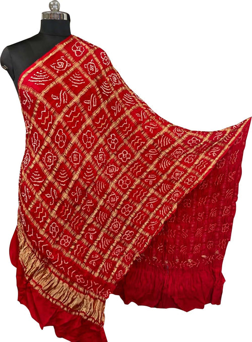 Red Bandhani Gajji Silk Checks Design Dupatta